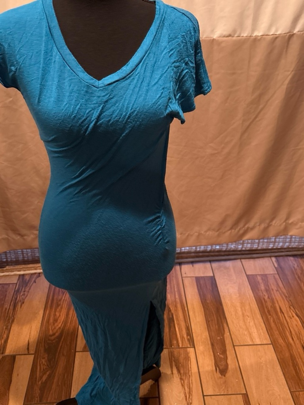 Teal V-Neck Short Sleeve Maxi Dress by